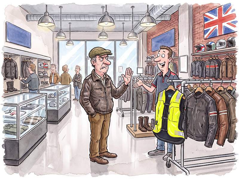 Illustration of man snubbing airbag vest in motorcycle clothing store